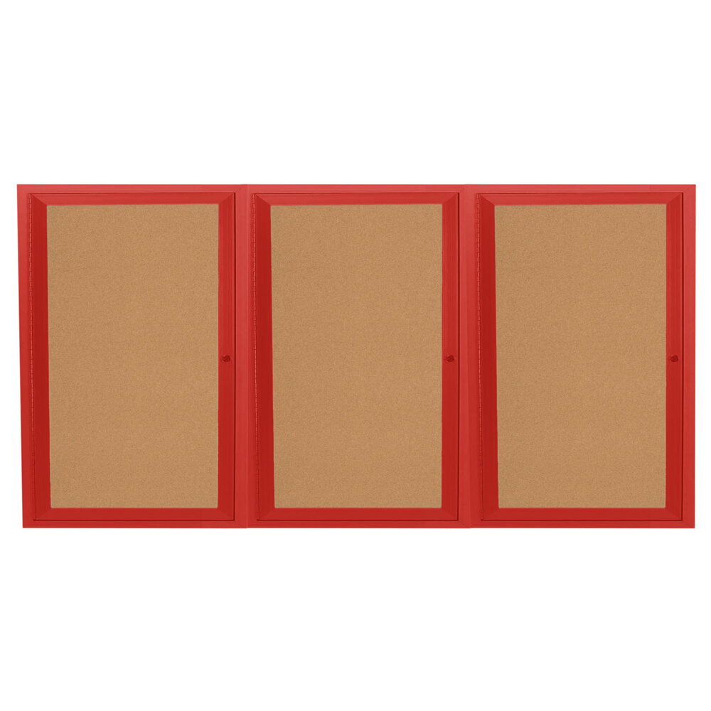 Aarco DCC3672-3RR 36" x 72" Enclosed Hinged Locking 3 Door Powder Coated Red Finish Indoor Bulletin Board Cabinet