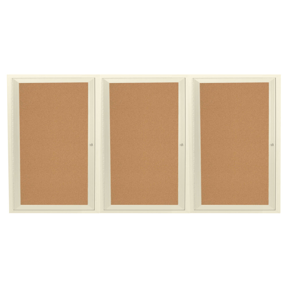 Aarco DCC3672-3RIV 36" x 72" Enclosed Hinged Locking 3 Door Powder Coated Ivory Finish Indoor Bulletin Board Cabinet