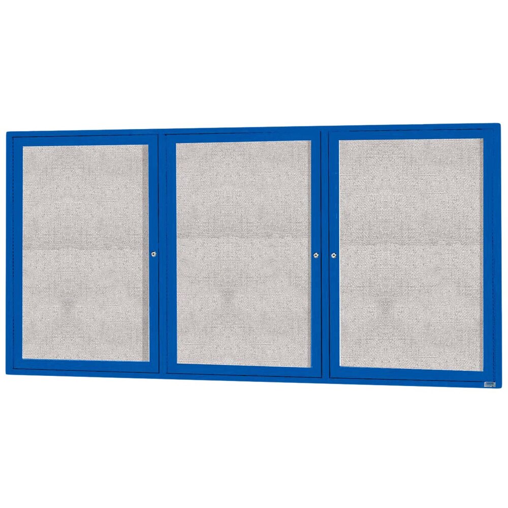 Aarco ODCC3672-3RB 36" x 72" Enclosed Hinged Locking 3 Door Powder Coated Blue Outdoor Bulletin Board Cabinet
