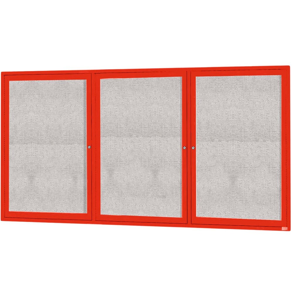 Aarco ODCC4896-3RR 48" x 96" Enclosed Hinged Locking 3 Door Powder Coated Red Outdoor Bulletin Board Cabinet
