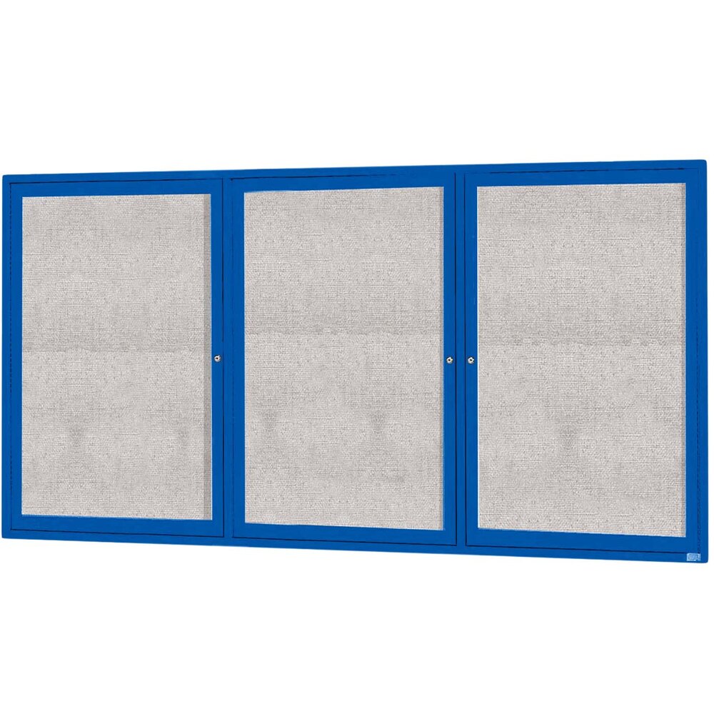 Aarco ODCC4896-3RB 48" x 96" Enclosed Hinged Locking 3 Door Powder Coated Blue Outdoor Bulletin Board Cabinet