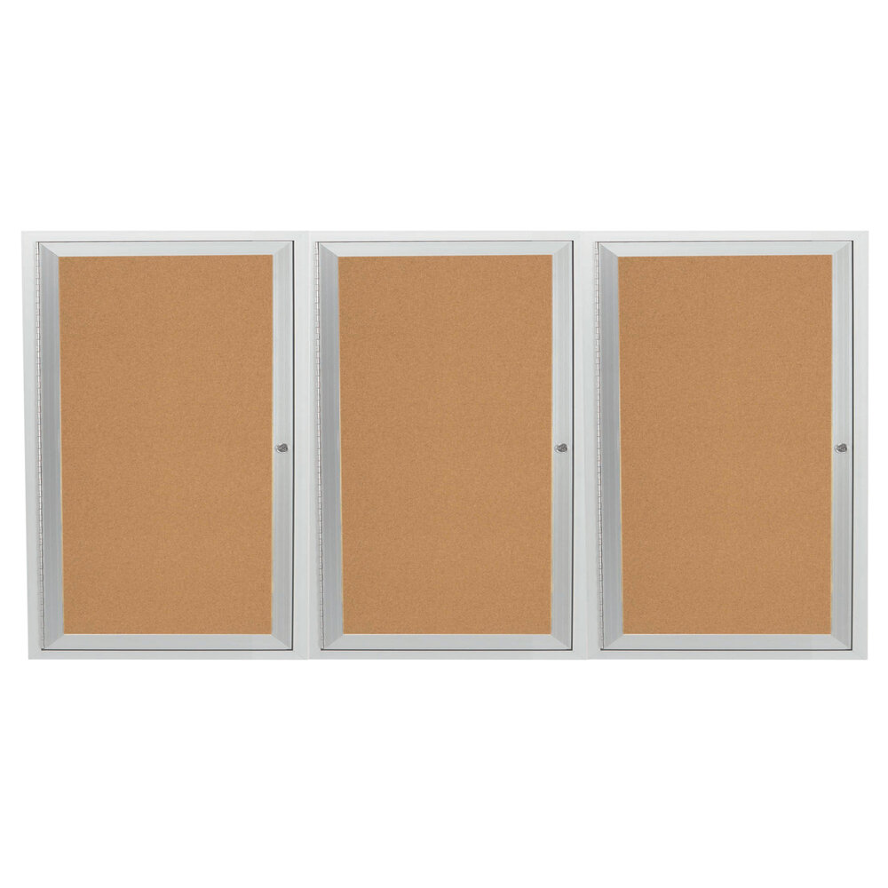 Aarco DCC4872-3R 48" x 72" Enclosed Hinged Locking 3 Door Satin Anodized Finish Indoor Bulletin Board Cabinet