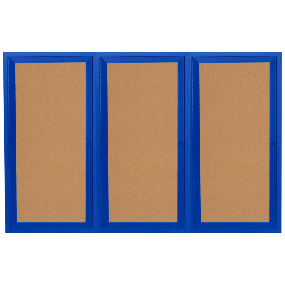 Aarco DCC4896-3RB 48" x 96" Enclosed Hinged Locking 3 Door Powder Coated Blue Finish Indoor Bulletin Board Cabinet