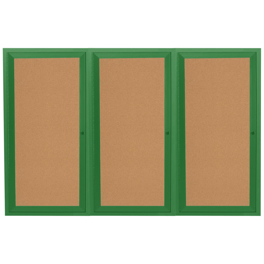 Aarco DCC4896-3RG 48" x 96" Enclosed Hinged Locking 3 Door Powder Coated Green Finish Indoor Bulletin Board Cabinet