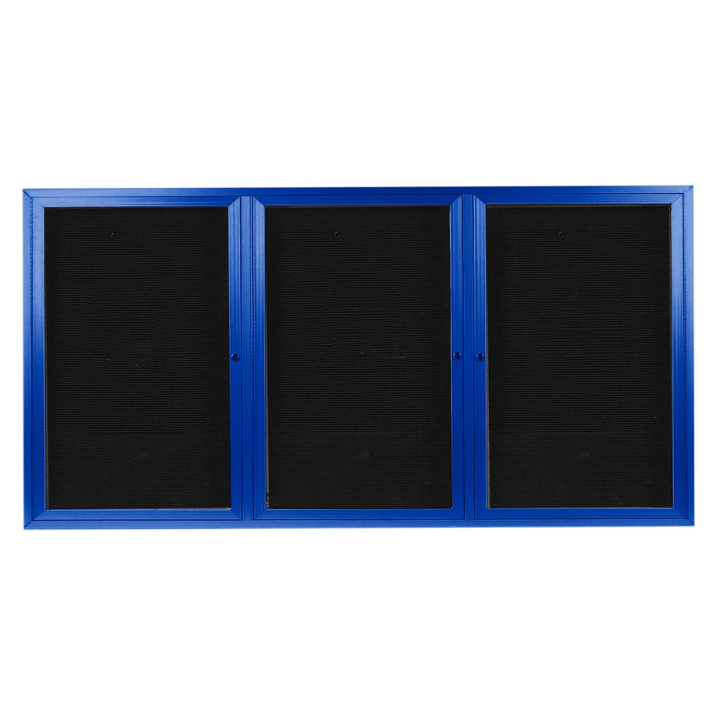Aarco ADC3672-3B 36" x 72" Enclosed Hinged Locking 3 Door Powder Coated Blue Aluminum Indoor Message Center with Black Letter Board