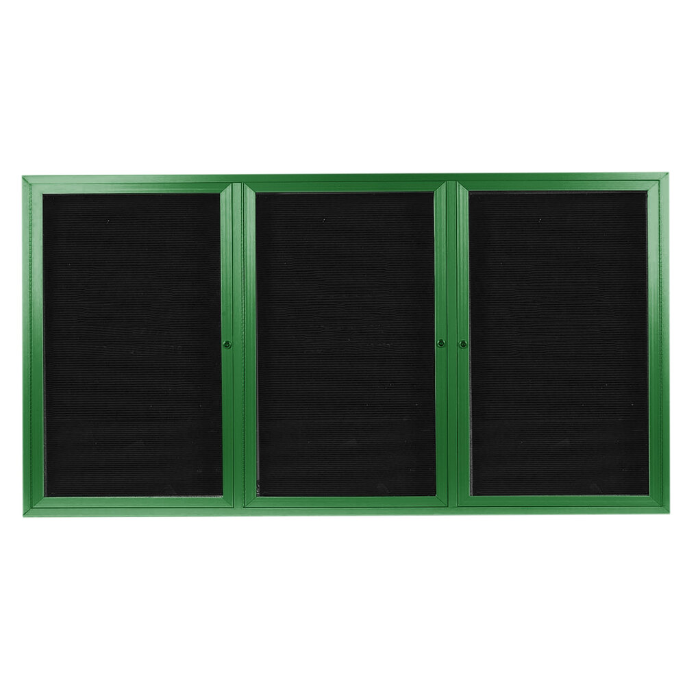 Aarco ADC4896-3G 48" x 96" Enclosed Hinged Locking 3 Door Powder Coated Green Aluminum Indoor Message Center with Black Letter Board