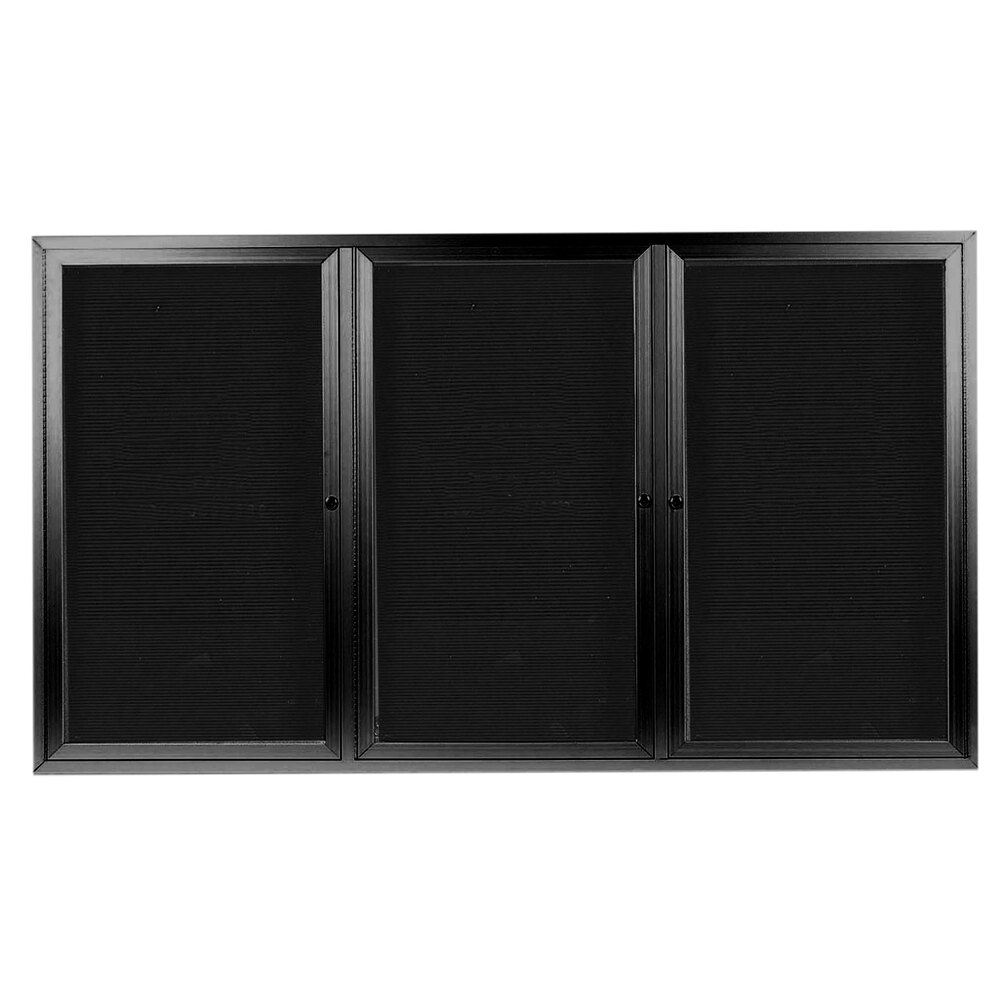 Aarco ADC4872-3BK 48" x 72" Enclosed Hinged Locking 3 Door Powder Coated Black Aluminum Indoor Message Center with Black Letter Board