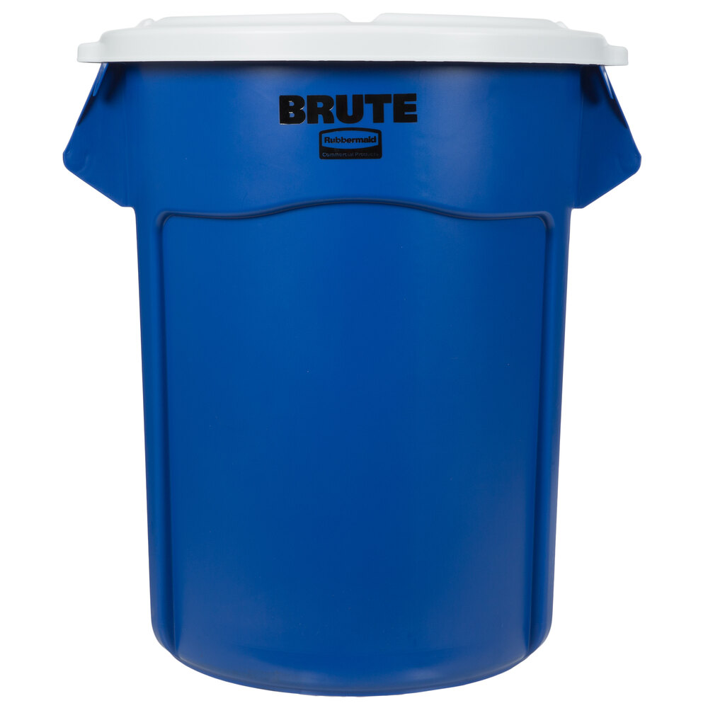 Rubbermaid® BRUTE 55 Gallon Blue Round Recycle / Trash Can and White Lid