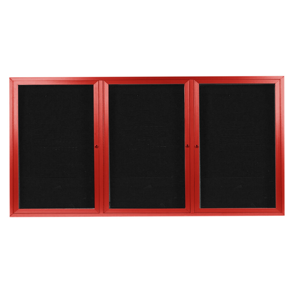 Aarco OADC3672-3R 36" x 72" Enclosed Hinged Locking 3 Door Powder Coated Red Aluminum Outdoor Directory Board with Black Letter Board