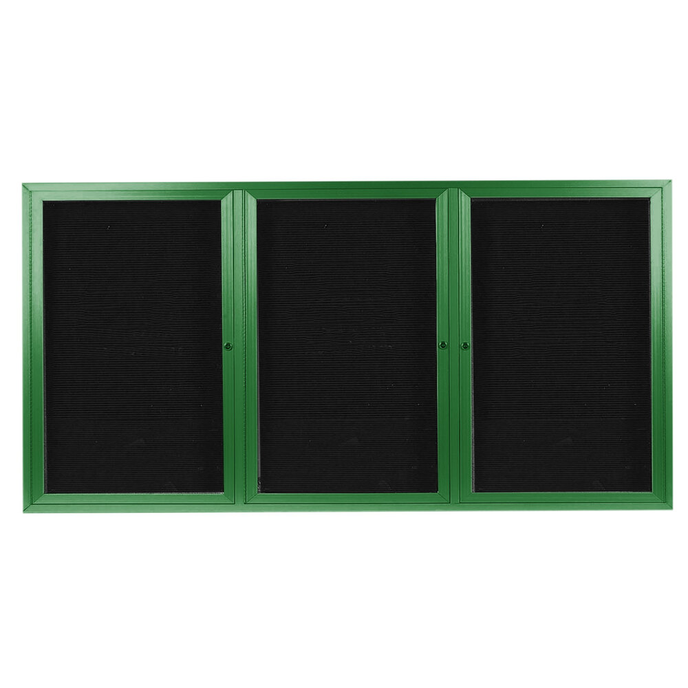 Aarco OADC3672-3G 36" x 72" Enclosed Hinged Locking 3 Door Powder Coated Green Aluminum Outdoor Directory Board with Black Letter Board
