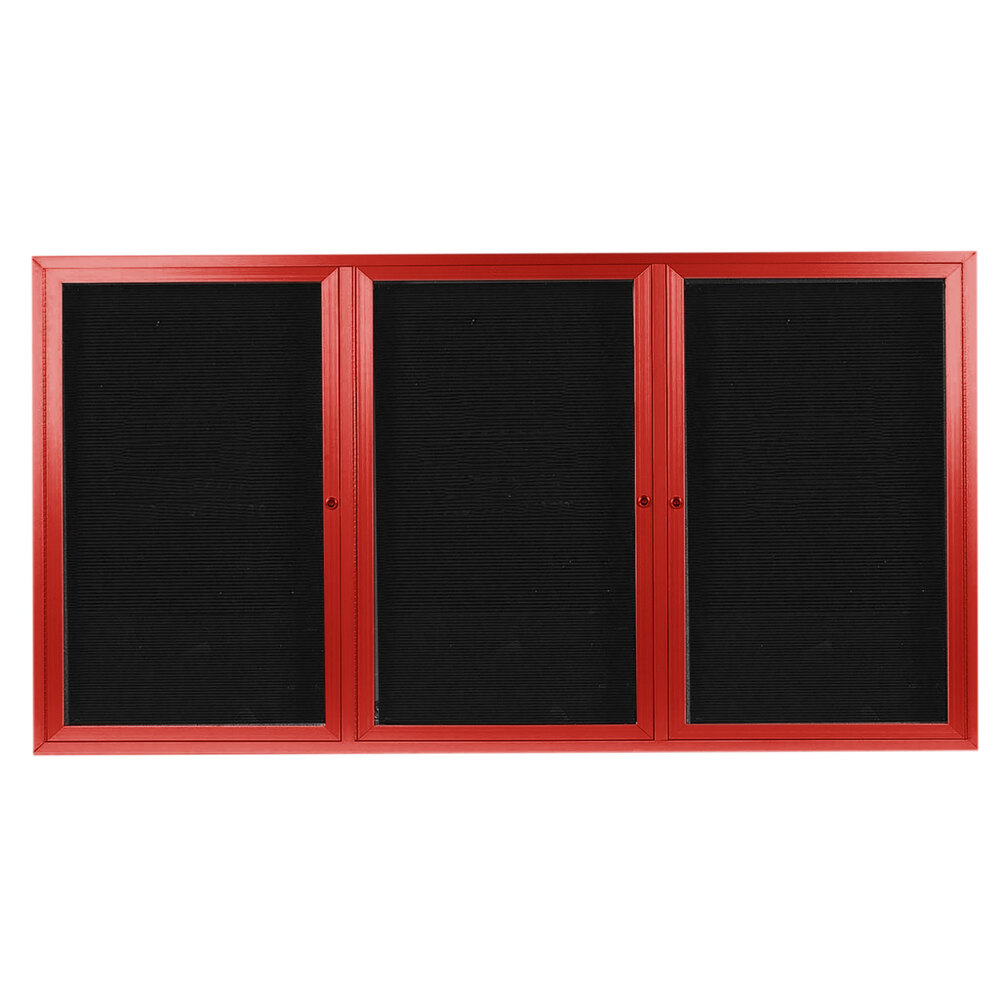 Aarco OADC4896-3R 48" x 96" Enclosed Hinged Locking 3 Door Powder Coated Red Aluminum Outdoor Directory Board with Black Letter Board