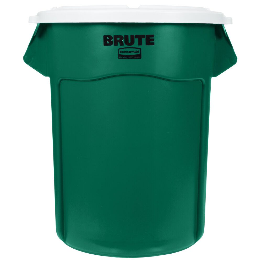 Rubbermaid® BRUTE 55 Gallon Green Round Recycle / Trash Can and White Lid