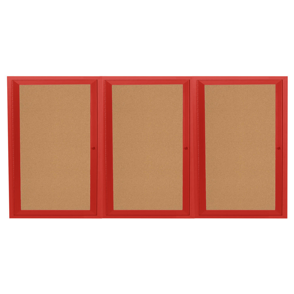 Aarco DCC4872-3RR 48" x 72" Enclosed Hinged Locking 3 Door Powder Coated Red Finish Indoor Bulletin Board Cabinet