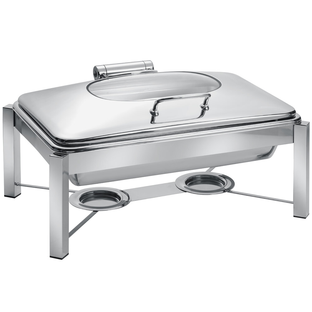 Eastern Tabletop 3945G/S 8 Qt. Rectangular Stainless Steel Chafer with Stand and Hinged Glass Dome Cover