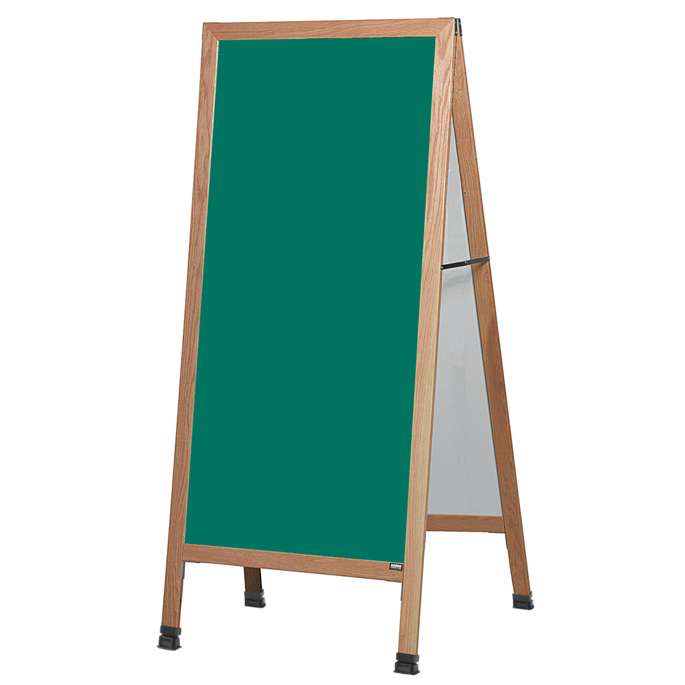 Aarco LA1SG 68" x 30" Oak A-Frame Sign Board with Green Write-On Porcelain Chalk Board