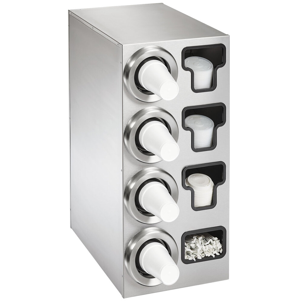 Vollrath 58843 Stainless Steel 4-Slot 8 - 44 oz. Countertop Cup Dispenser Cabinet with 3 T-Lid Holders and 1 Straw Pocket