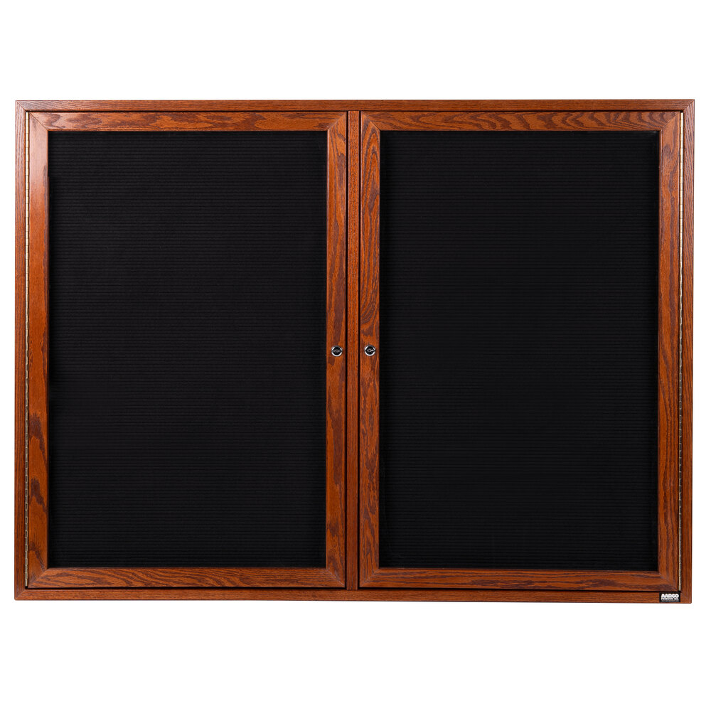 Aarco CDC3648 36" x 48" Enclosed Indoor Hinged Locking 2 Door Black Felt Message Board with Cherry Frame