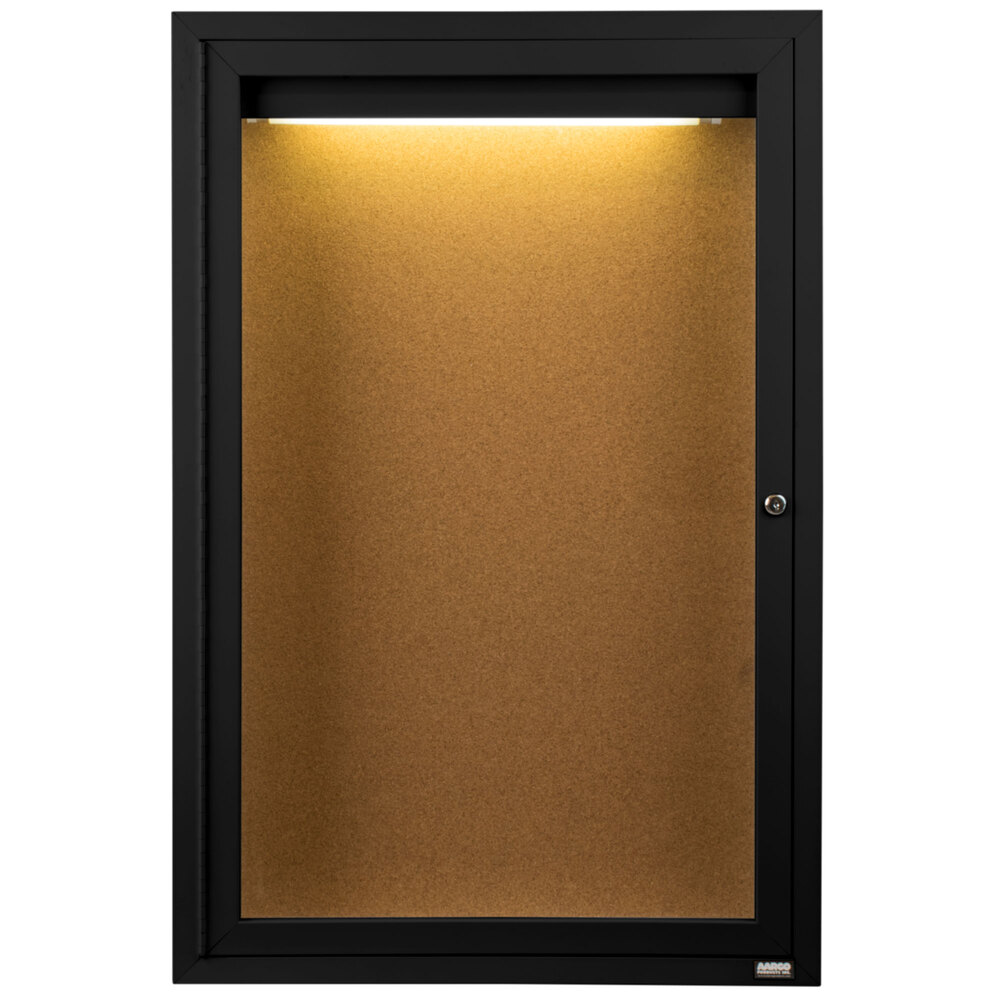 Aarco DCC3624RIBK 36" x 24" Enclosed Hinged Locking 1 Door Powder Coated Black Finish Indoor Lighted Bulletin Board Cabinet