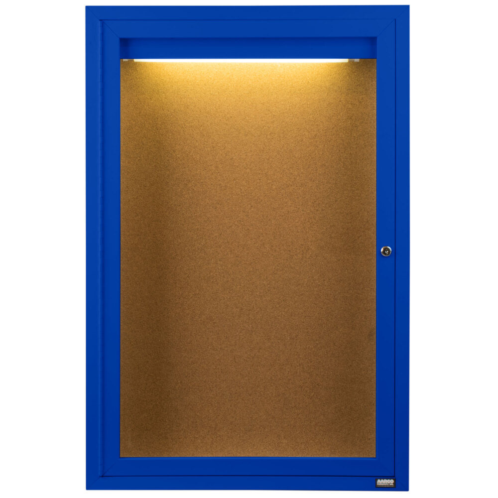 Aarco DCC3624RIB 36" x 24" Enclosed Hinged Locking 1 Door Powder Coated Blue Finish Indoor Lighted Bulletin Board Cabinet