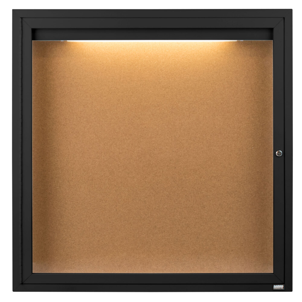 Aarco DCC3636RIBK 36" x 36" Enclosed Hinged Locking 1 Door Powder Coated Black Finish Indoor Lighted Bulletin Board Cabinet