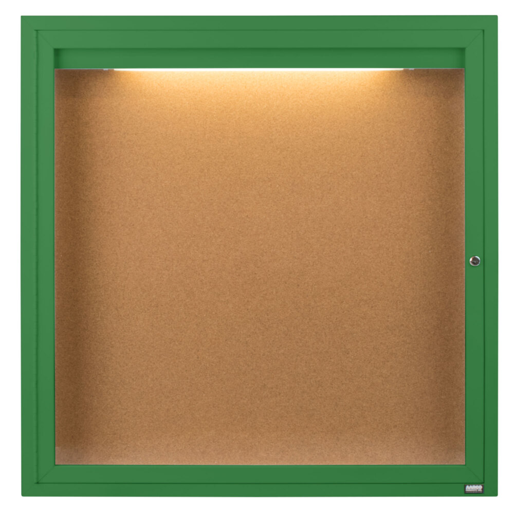 Aarco DCC3636RIG 36" x 36" Enclosed Hinged Locking 1 Door Powder Coated Green Finish Indoor Lighted Bulletin Board Cabinet