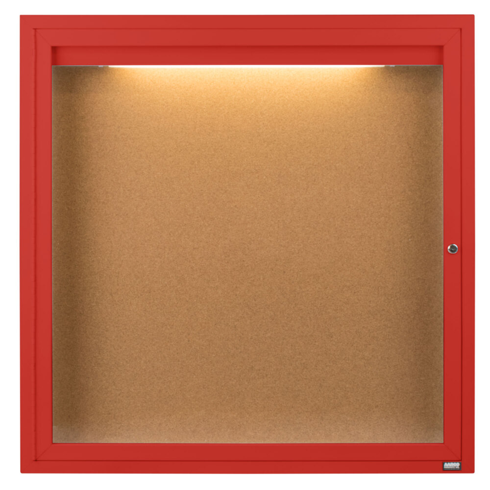 Aarco DCC3636RIR 36" x 36" Enclosed Hinged Locking 1 Door Powder Coated Red Finish Indoor Lighted Bulletin Board Cabinet
