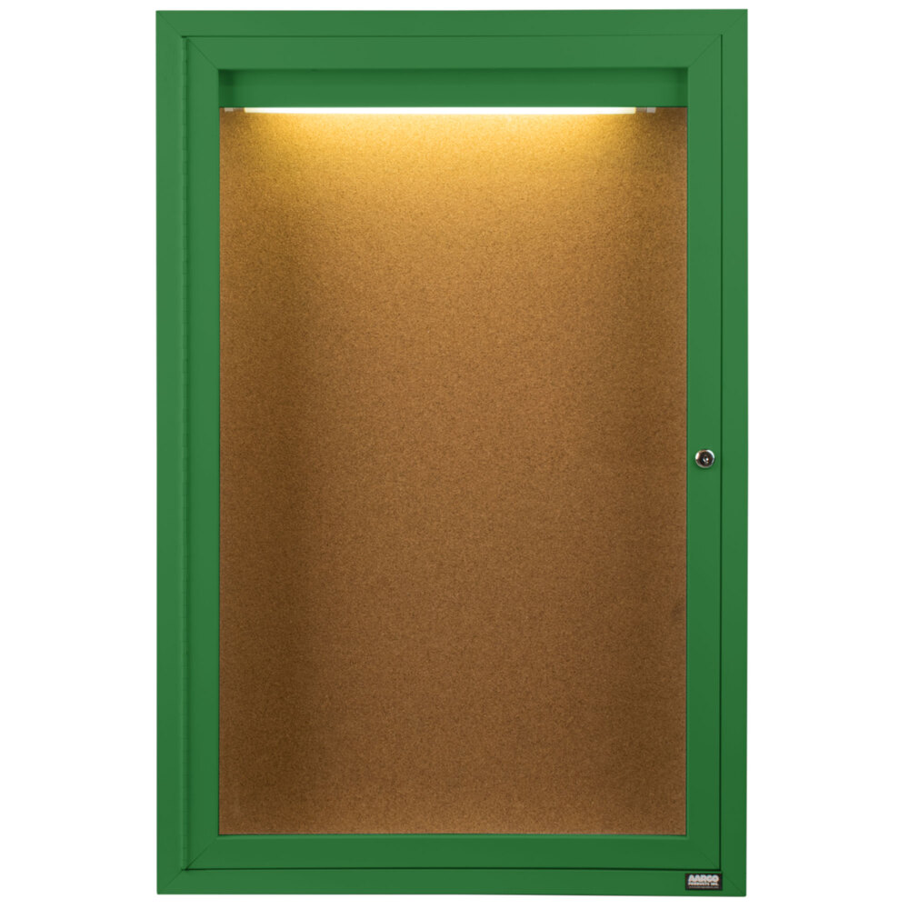 Aarco DCC4836RIG 48" x 36" Enclosed Hinged Locking 1 Door Powder Coated Green Finish Indoor Lighted Bulletin Board Cabinet
