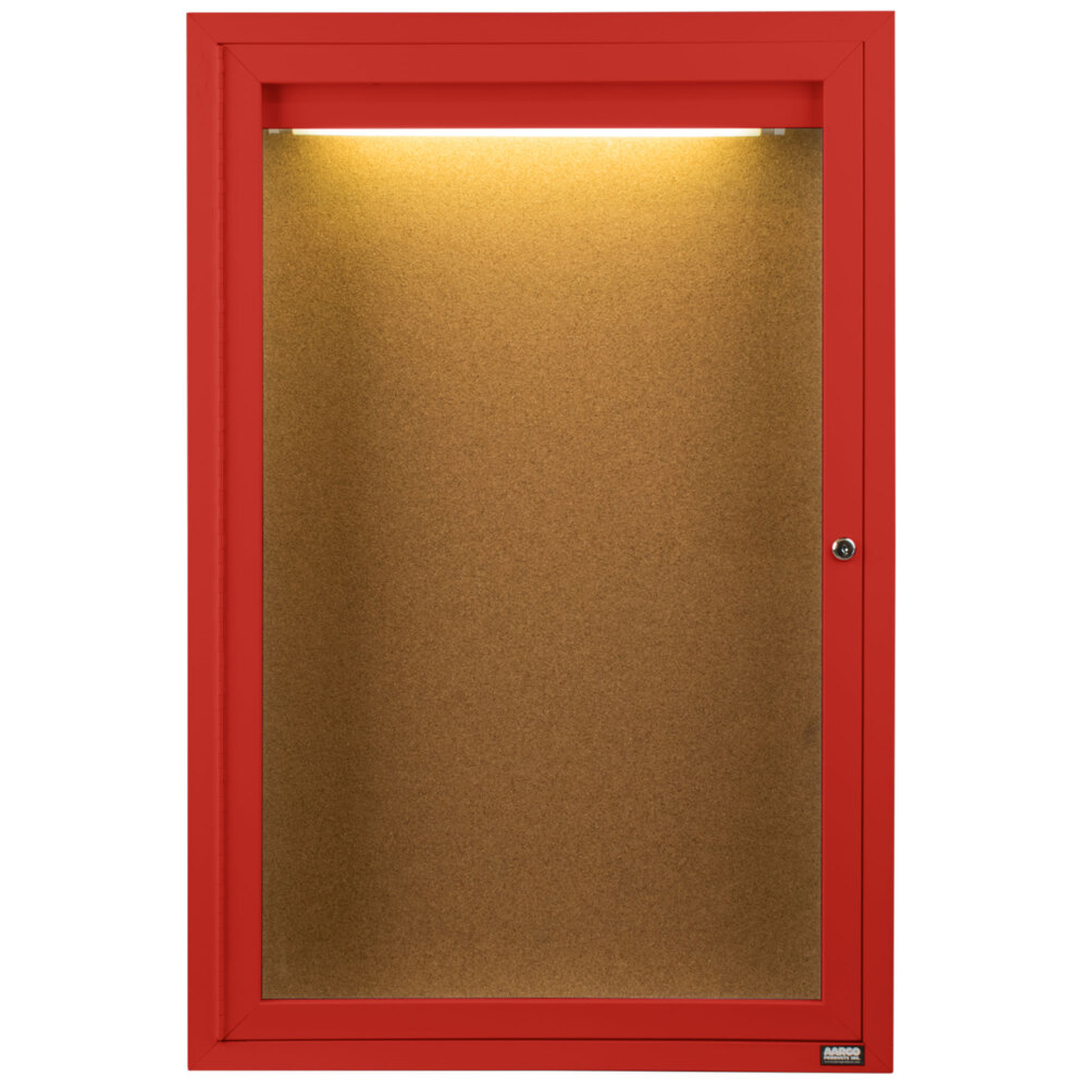 Aarco DCC4836RIR 48" x 36" Enclosed Hinged Locking 1 Door Powder Coated Red Finish Indoor Lighted Bulletin Board Cabinet