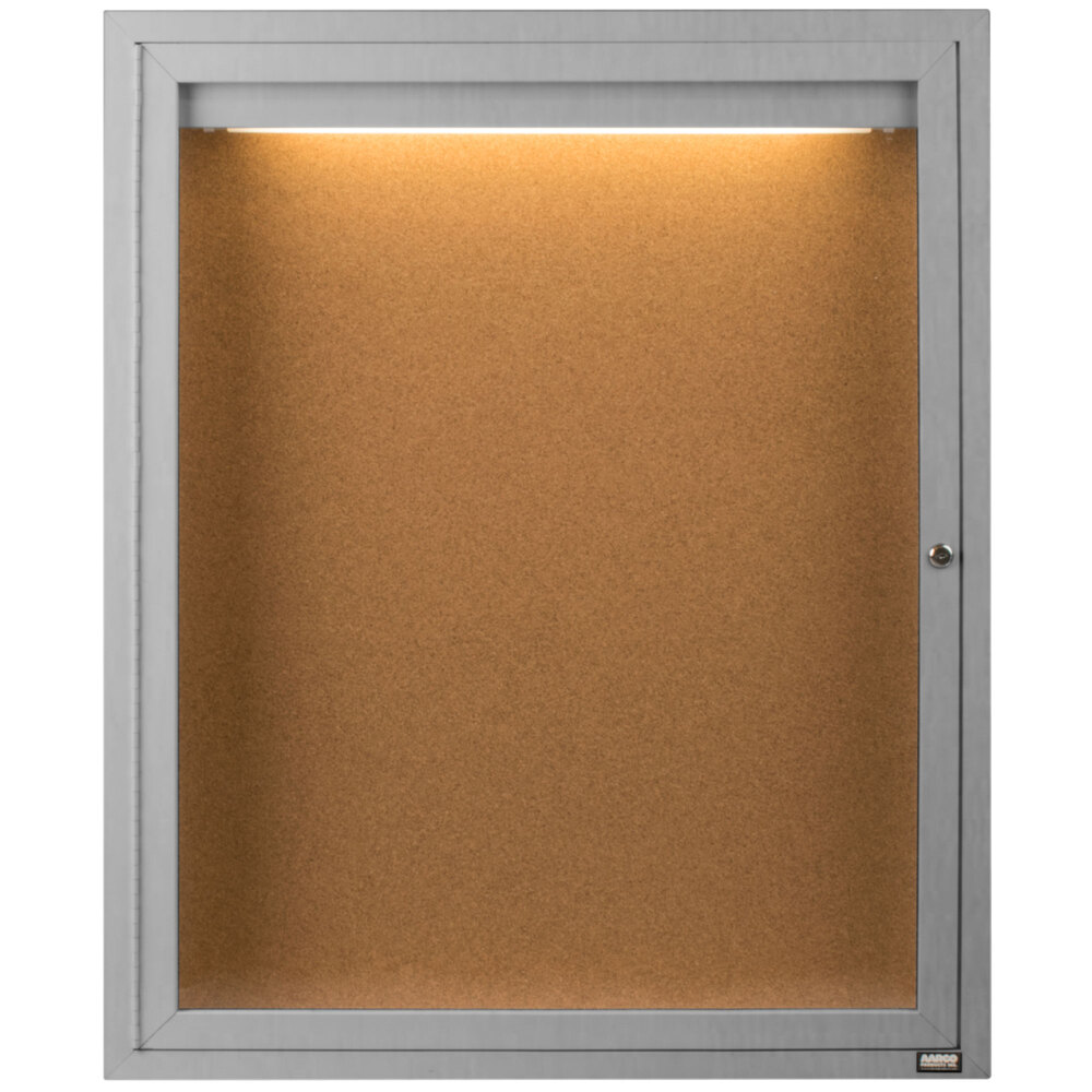 Aarco DCC2418RI 24" x 18" Enclosed Hinged Locking 1 Door Satin Anodized Finish Indoor Lighted Bulletin Board Cabinet