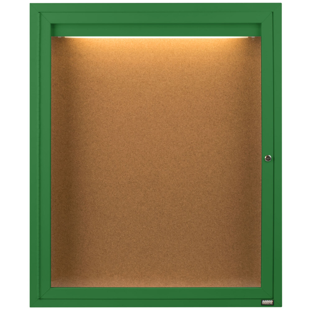 Aarco DCC2418RIG 24" x 18" Enclosed Hinged Locking 1 Door Powder Coated Green Finish Indoor Lighted Bulletin Board Cabinet