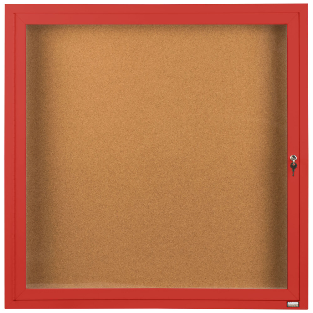 Aarco DCC3636RR 36" x 36" Enclosed Hinged Locking 1 Door Powder Coated Red Finish Indoor Bulletin Board Cabinet