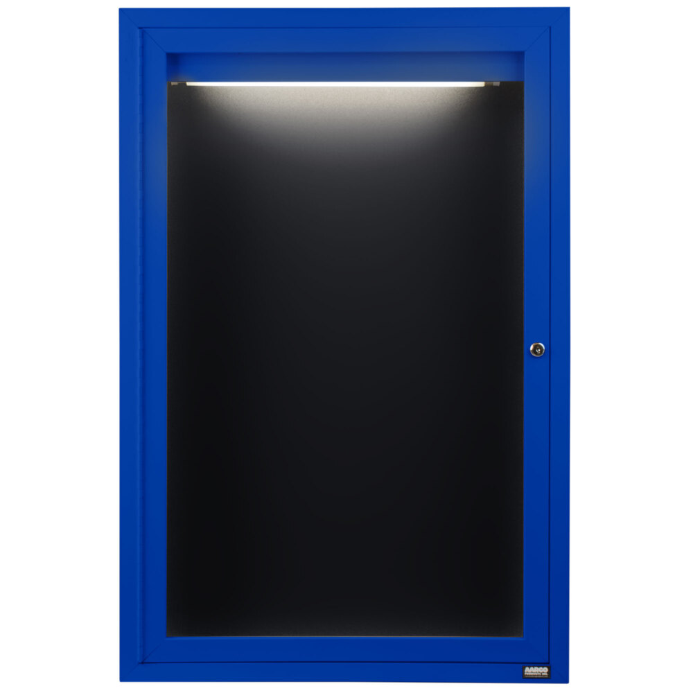 Aarco OADC3624IB 36" x 24" Enclosed Hinged Locking 1 Door Powder Coated Blue Aluminum Outdoor Lighted Message Center with Black Letter Board
