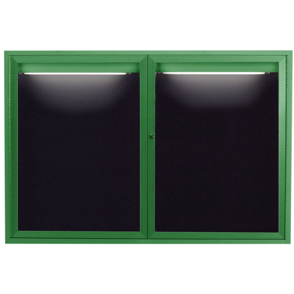 Aarco ADC3648IG 36" x 48" Enclosed Hinged Locking 2 Door Powder Coated Green Aluminum Indoor Lighted Message Center with Black Letter Board