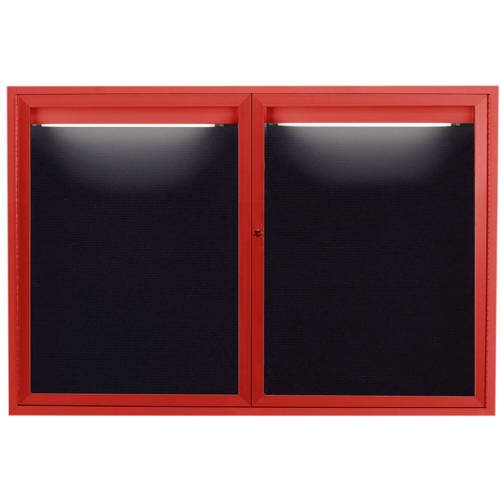 Aarco ADC4872IR 48" x 72" Enclosed Hinged Locking 2 Door Powder Coated Red Aluminum Indoor Lighted Message Center with Black Letter Board