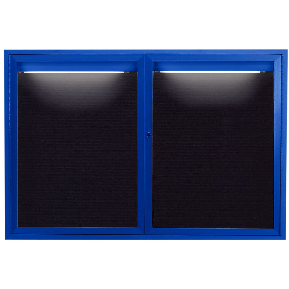Aarco ADC4872IB 48" x 72" Enclosed Hinged Locking 2 Door Powder Coated Blue Aluminum Indoor Lighted Message Center with Black Letter Board