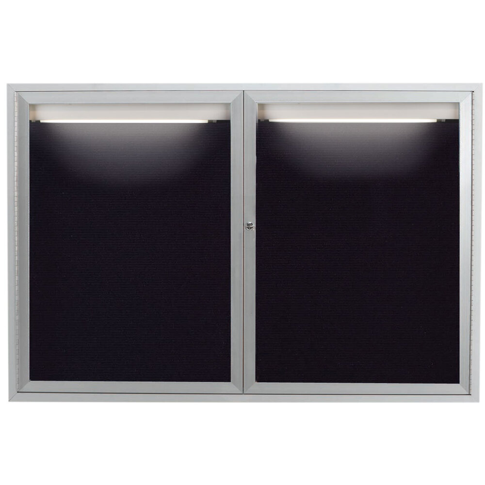 Aarco ADC4872I 48" x 72" Enclosed Hinged Locking 2 Door Satin Anodized Finish Aluminum Indoor Lighted Message Center with Black Letter Board