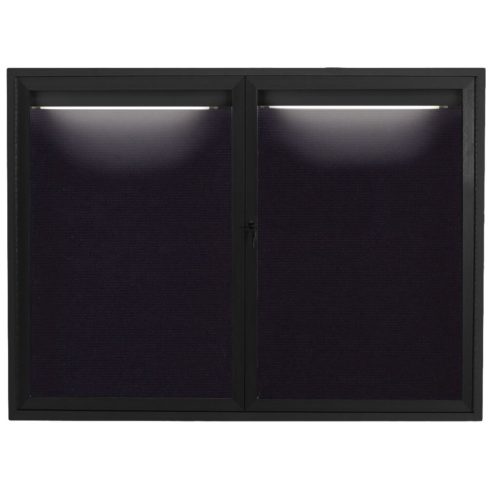 Aarco OADC4860IBK 48" x 60" Enclosed Hinged Locking 2 Door Powder Coated Black Aluminum Outdoor Lighted Message Center with Black Letter Board