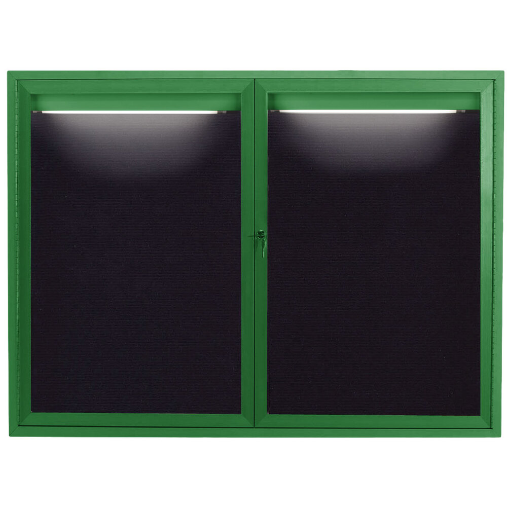 Aarco ADC4860IG 48" x 60" Enclosed Hinged Locking 2 Door Powder Coated Green Aluminum Indoor Lighted Message Center with Black Letter Board