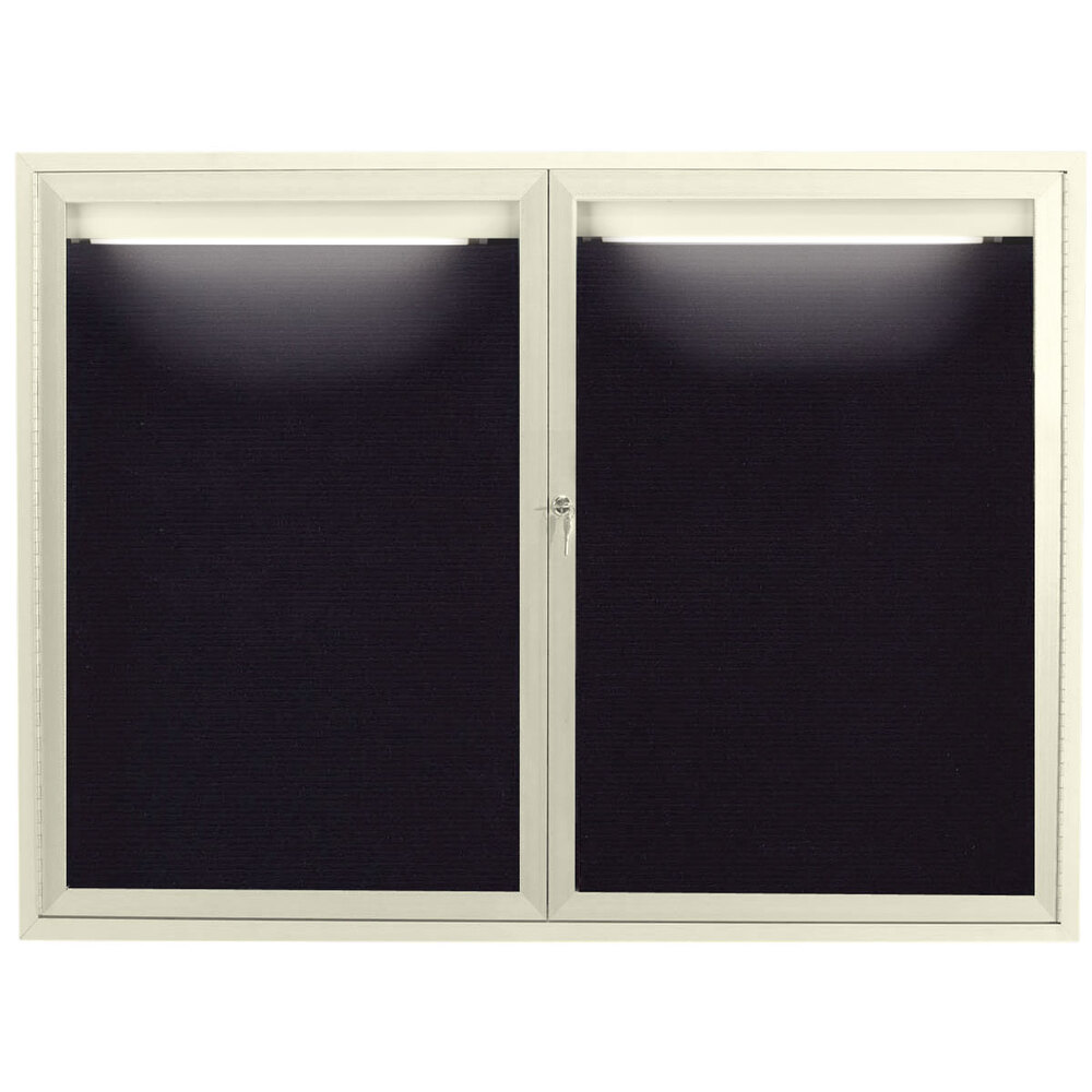 Aarco ADC4860IIV 48" x 60" Enclosed Hinged Locking 2 Door Powder Coated Ivory Aluminum Indoor Lighted Message Center with Black Letter Board
