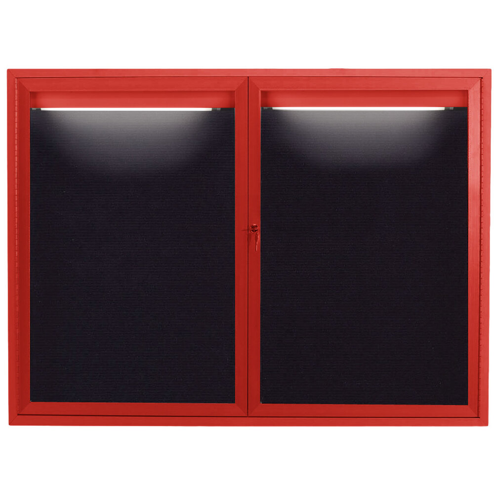 Aarco ADC4860IR 48" x 60" Enclosed Hinged Locking 2 Door Powder Coated Red Aluminum Indoor Lighted Message Center with Black Letter Board
