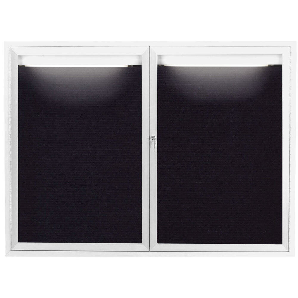 Aarco OADC4860IW 48" x 60" Enclosed Hinged Locking 2 Door Powder Coated White Aluminum Outdoor Lighted Message Center with Black Letter Board