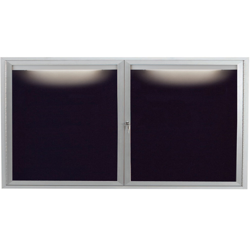 Aarco OADC3672I 36" x 72" Enclosed Hinged Locking 2 Door Satin Anodized Aluminum Outdoor Lighted Message Center with Black Letter Board