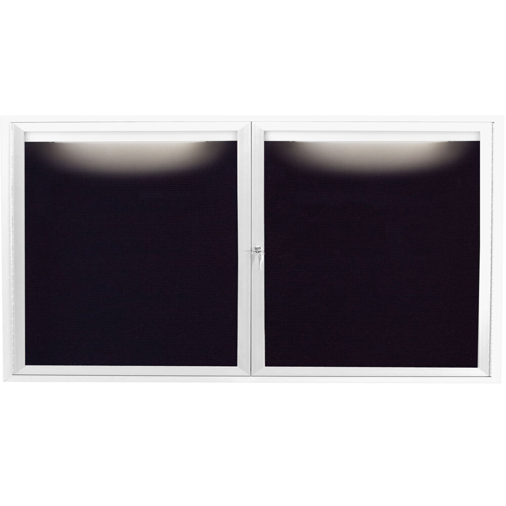 Aarco ADC3672IW 36" x 72" Enclosed Hinged Locking 2 Door Powder Coated White Aluminum Indoor Lighted Message Center with Black Letter Board
