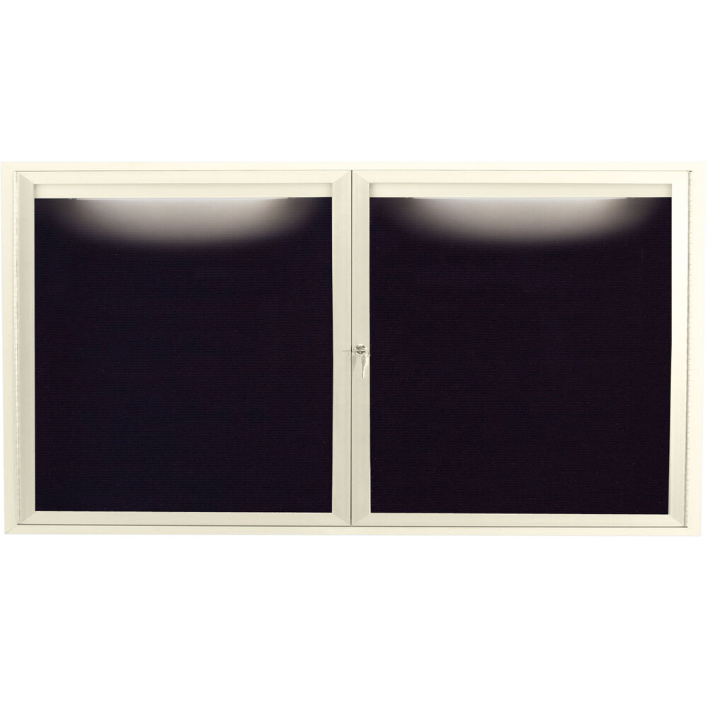 Aarco OADC3672IIV 36" x 72" Enclosed Hinged Locking 2 Door Powder Coated Ivory Aluminum Outdoor Lighted Message Center with Black Letter Board