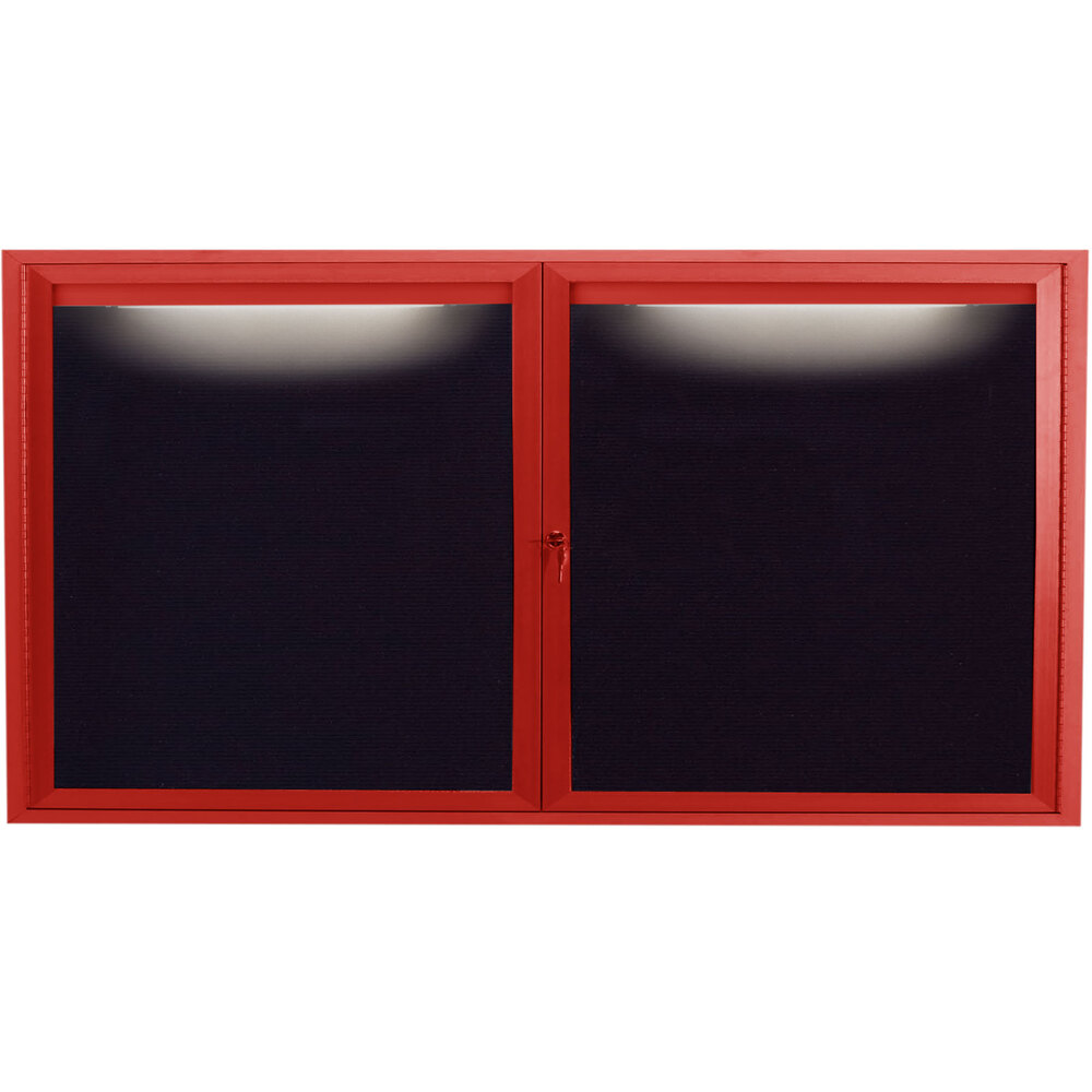 Aarco OADC3672IR 36" x 72" Enclosed Hinged Locking 2 Door Powder Coated Red Aluminum Outdoor Lighted Message Center with Black Letter Board