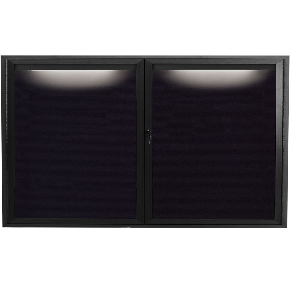 Aarco ADC3660IBK 36" x 60" Enclosed Hinged Locking 2 Door Powder Coated Black Aluminum Indoor Lighted Message Center with Black Letter Board