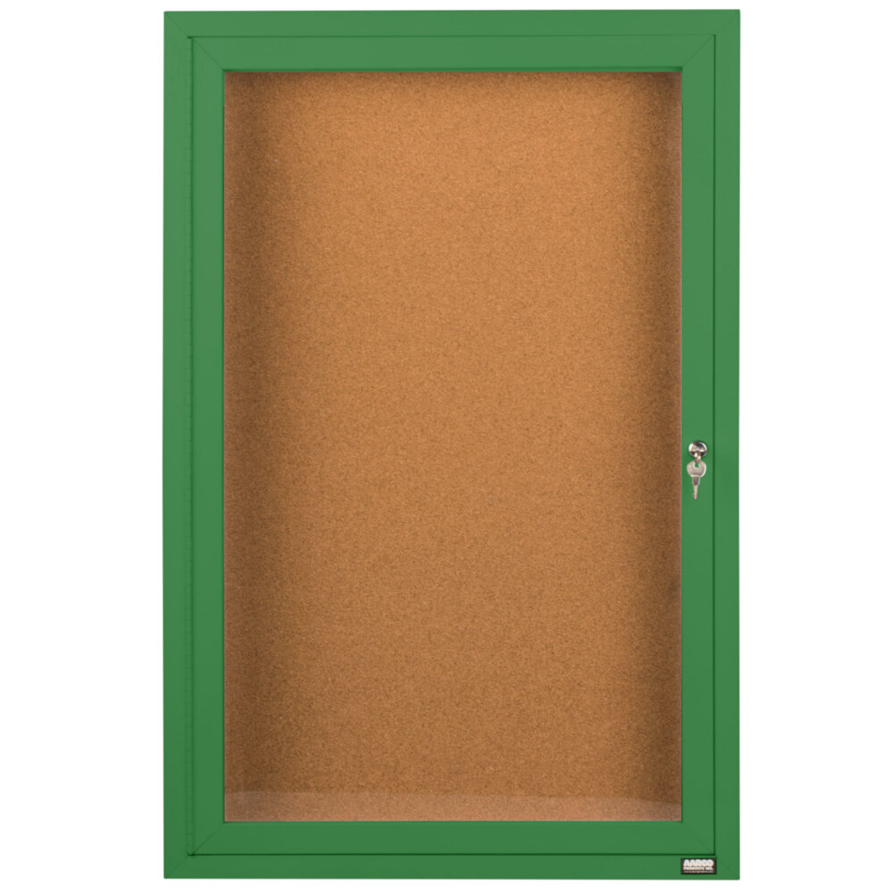 Aarco DCC2412RG 24" x 12" Enclosed Hinged Locking 1 Door Powder Coated Green Finish Indoor Bulletin Board Cabinet