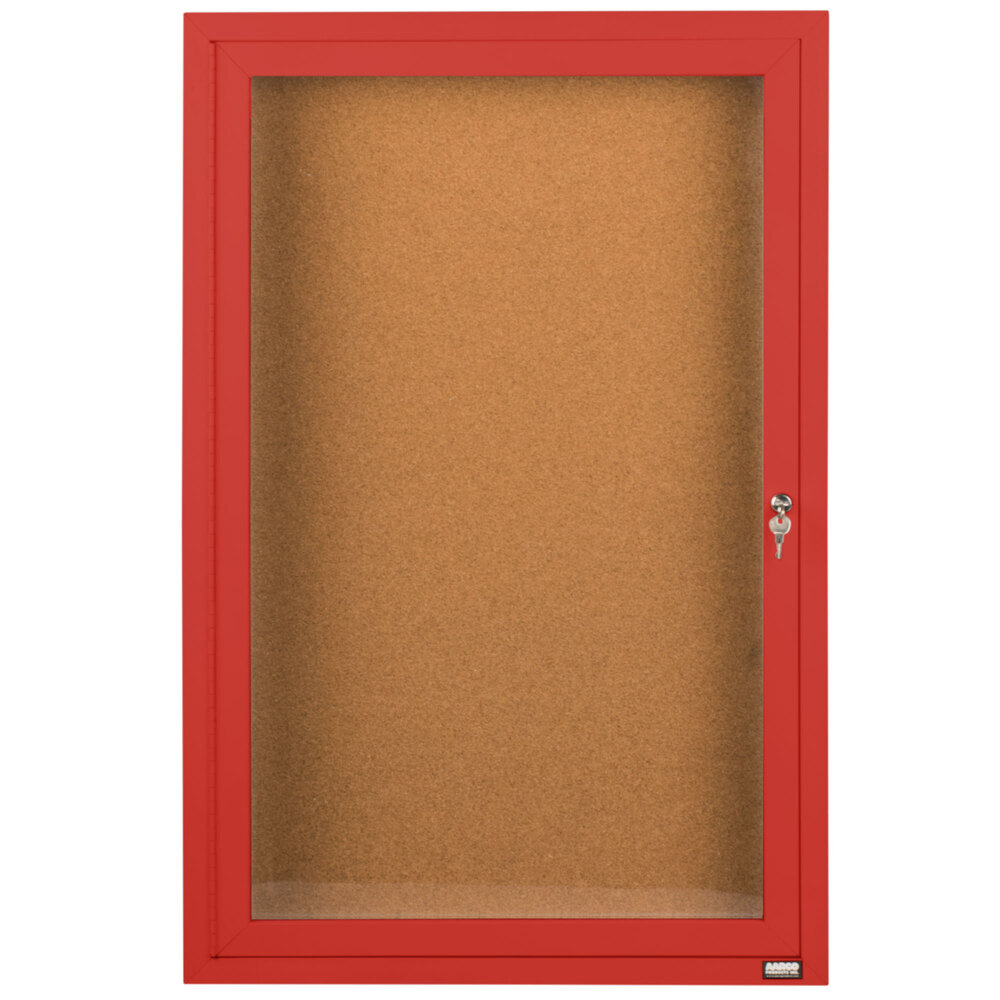 Aarco DCC2412RR 24" x 12" Enclosed Hinged Locking 1 Door Powder Coated Red Finish Indoor Bulletin Board Cabinet