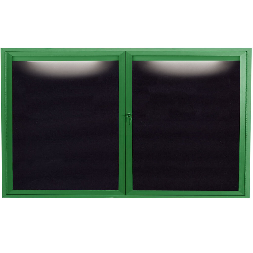 Aarco ADC3660IG 36" x 60" Enclosed Hinged Locking 2 Door Powder Coated Green Aluminum Indoor Lighted Message Center with Black Letter Board