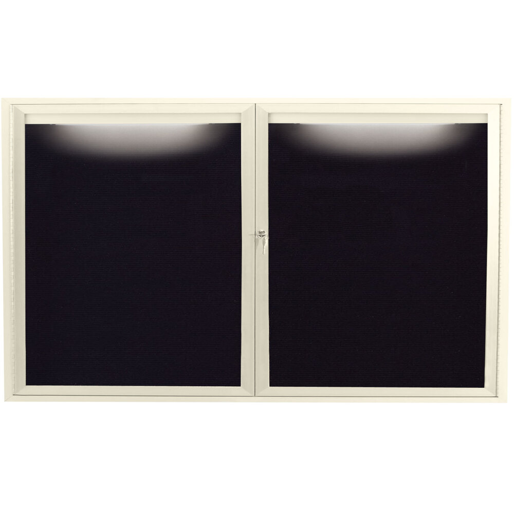 Aarco ADC3660IIV 36" x 60" Enclosed Hinged Locking 2 Door Powder Coated Ivory Aluminum Indoor Lighted Message Center with Black Letter Board